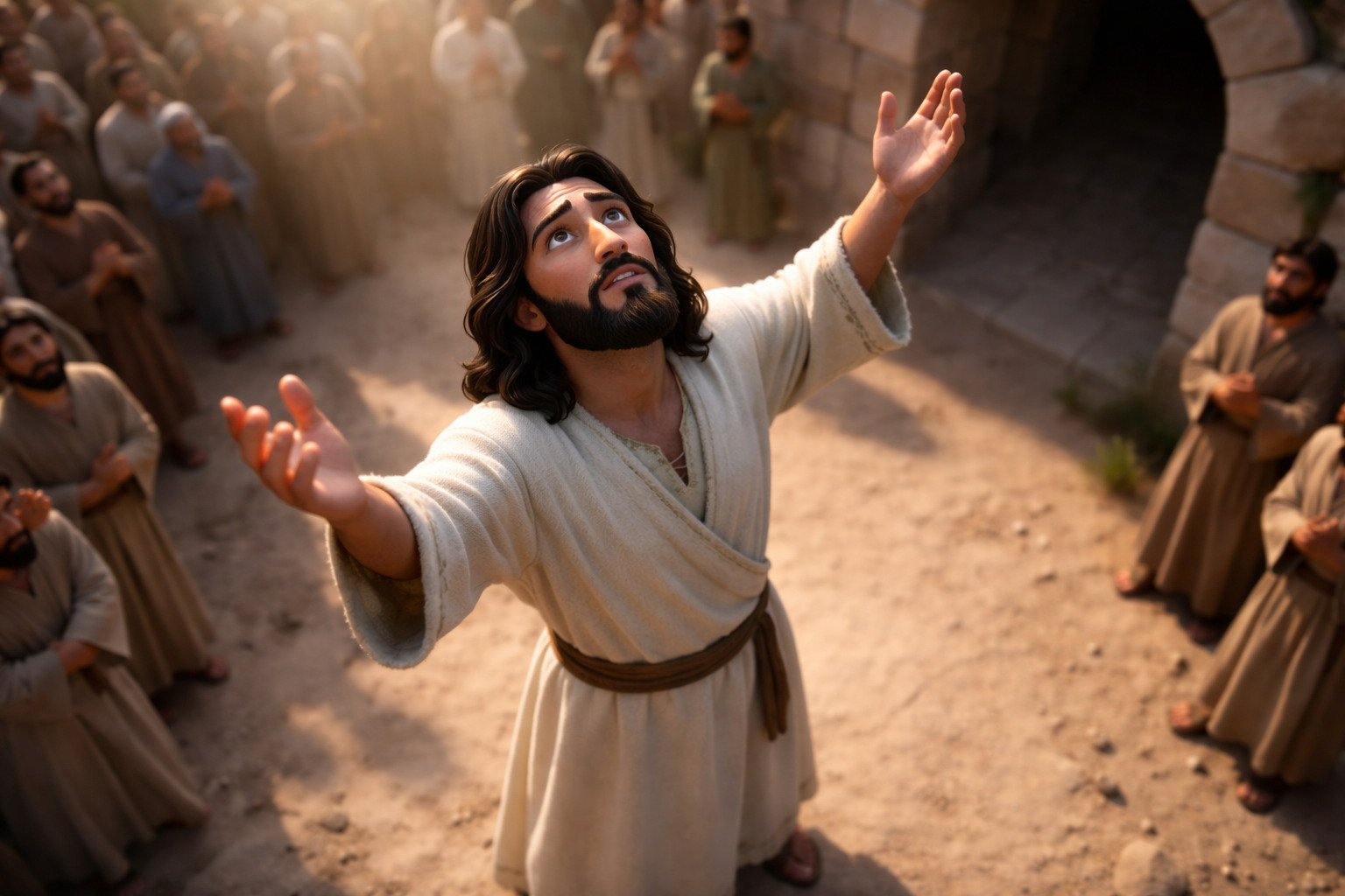 Jesus levantando las manos hacia el cielo frente a una tumba abierta mientras una multitud observa, representando un momento de oración y autoridad espiritual antes de un milagro.<br />
