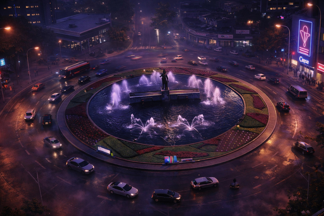 Glorieta urbana Minerva de Guadalajara con fuente iluminada en tonos morados durante la noche, rodeada de tráfico vehicular en movimiento en una ciudad moderna.<br />
