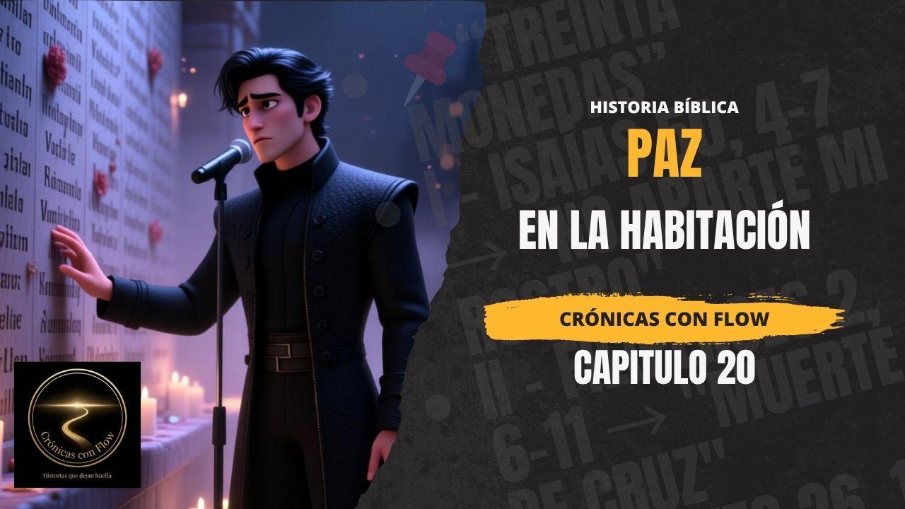 Portada cinematográfica de Crónicas con Flow Capítulo 20 titulada “Paz en la Habitación”, mostrando a un cantante masculino de estilo gótico moderno en una atmósfera oscura y emocional, iluminado con tonos violetas y urbanos. Diseño narrativo oficial con estética cinematográfica y musical introspectiva.