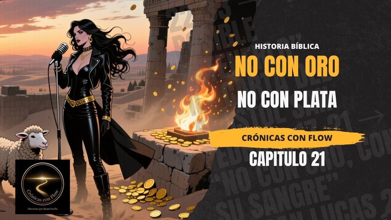 Portada oficial de Crónicas con Flow Capítulo 21 titulada “No con Oro, No con Plata”, mostrando a una cantante de estilo moderno y ancestral frente a un paisaje cinematográfico al atardecer. La escena mezcla estética prehispánica, tonos cálidos y una atmósfera épica y espiritual con identidad visual narrativa.