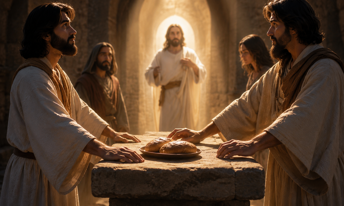Discípulos reunidos alrededor de una mesa compartiendo pan mientras una figura luminosa de Jesús aparece al fondo en una escena bíblica cinematográfica llena de luz y esperanza.