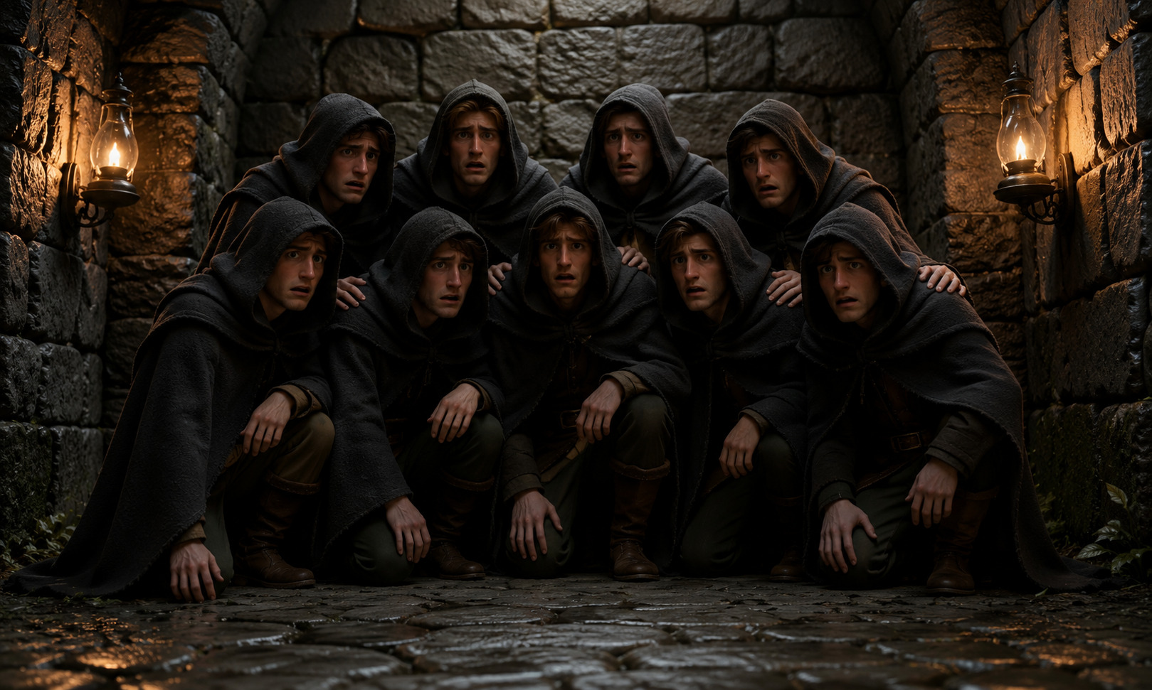 Grupo de personas encapuchadas escondidas en una habitación de piedra iluminada por antorchas, mostrando miedo y tensión en una escena bíblica cinematográfica.