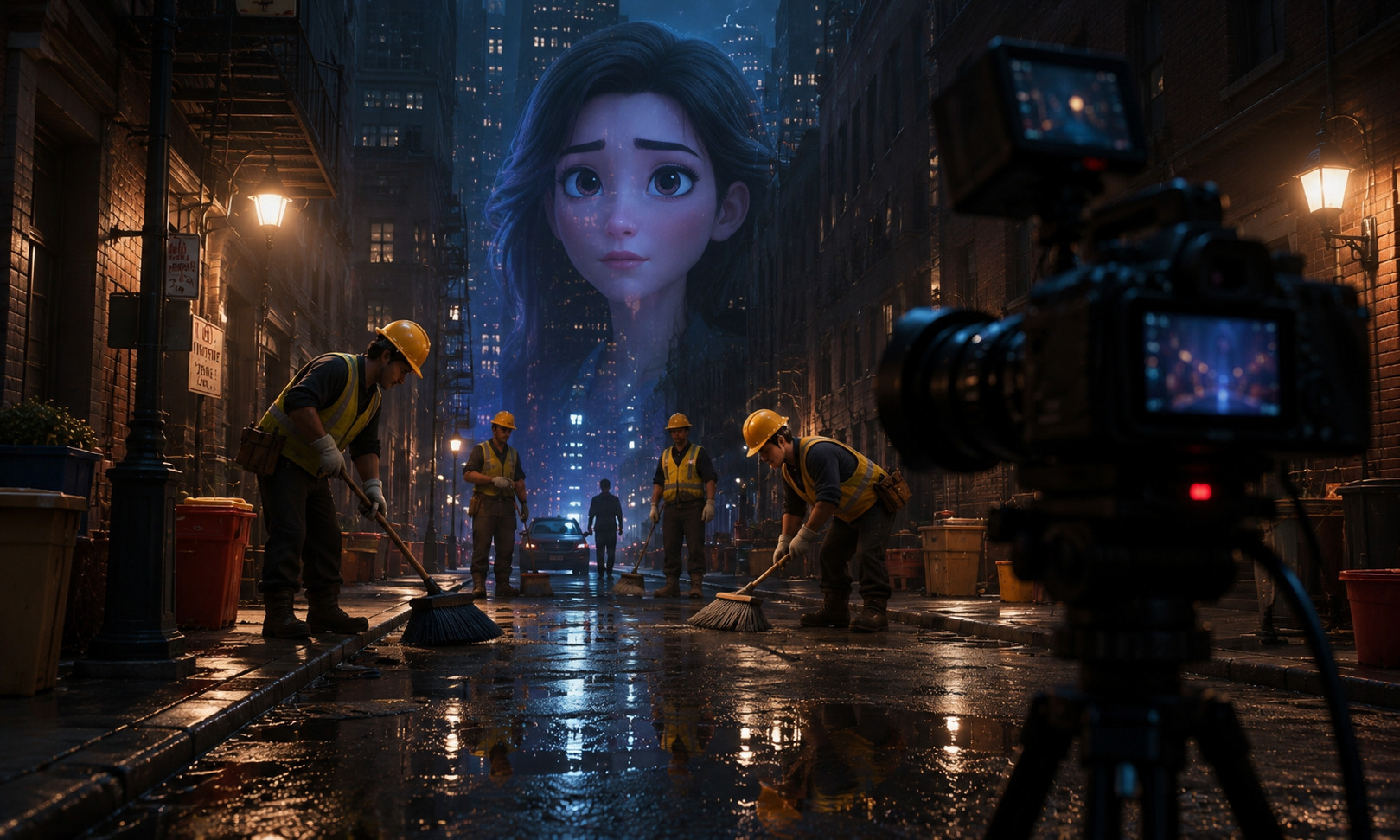 Escena urbana cinematográfica con trabajadores limpiando una calle nocturna mientras una joven observa frente a una cámara en un ambiente de reflexión y esperanza.