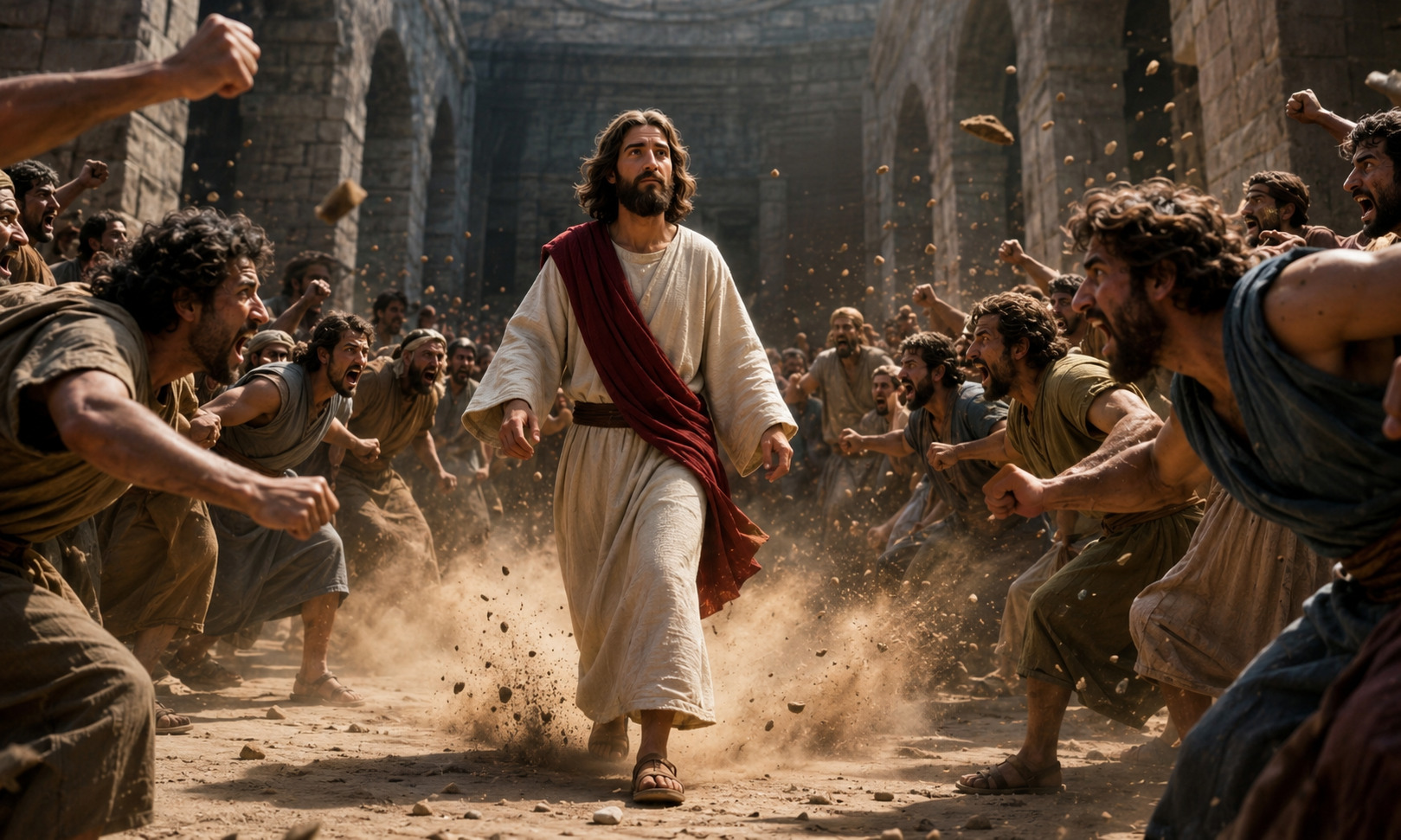 Jesús caminando entre una multitud hostil en una calle antigua, rodeado de personas que lo señalan y confrontan, en una escena cinematográfica de “Treinta Monedas” de Crónicas con Flow.