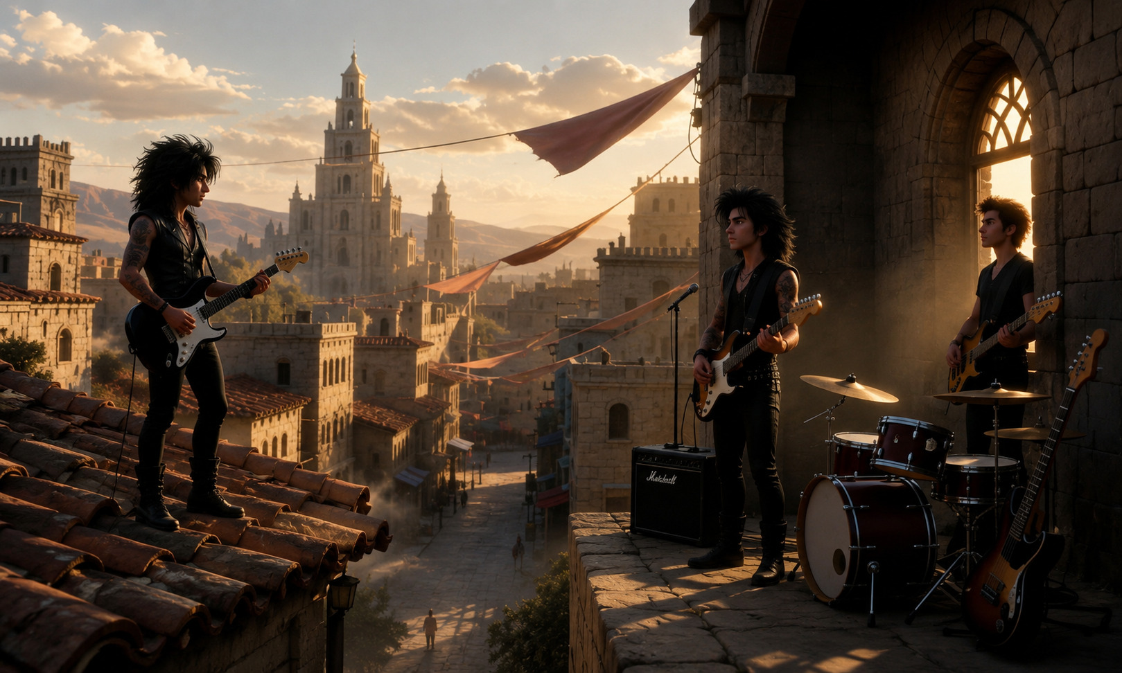 Banda de rock tocando en una azotea de Jerusalén al atardecer, con guitarras eléctricas y batería frente a una ciudad inspirada en tiempos bíblicos, en una escena cinematográfica de Crónicas con Flow.