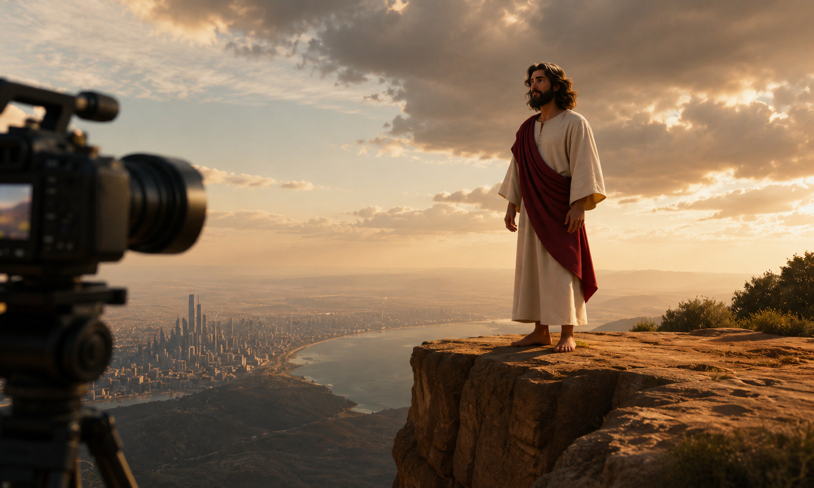 Jesús de pie sobre un acantilado observando la ciudad al amanecer mientras una cámara cinematográfica lo graba, en una escena épica de “Treinta Monedas” de Crónicas con Flow.