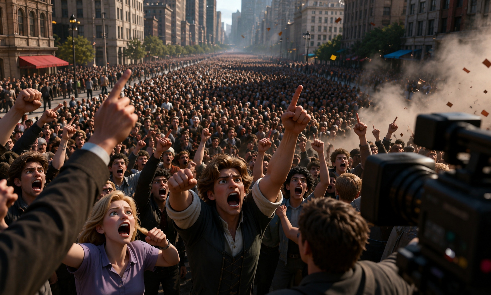 Multitud reunida en una gran avenida moderna levantando las manos mientras escucha un mensaje poderoso, en una escena cinematográfica inspirada en movimientos espirituales y sociales de Crónicas con Flow.