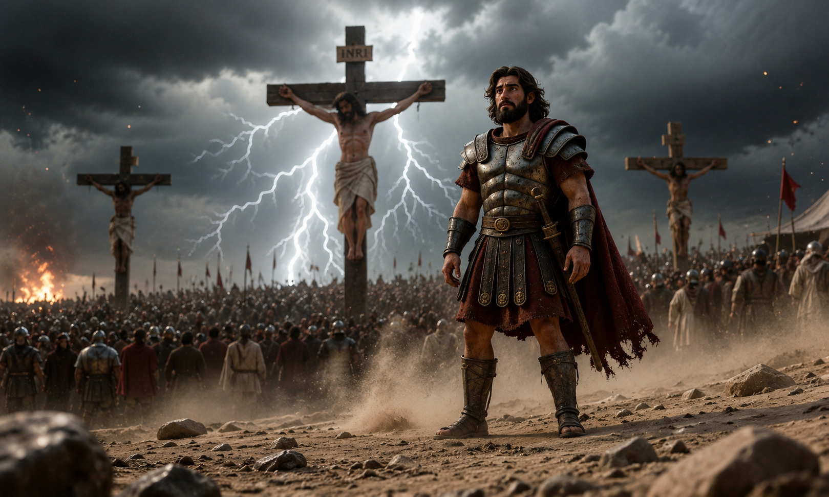 Guerrero romano observando las cruces en el Gólgota mientras Jesús es crucificado bajo un cielo tormentoso, en una escena cinematográfica épica de Crónicas con Flow.