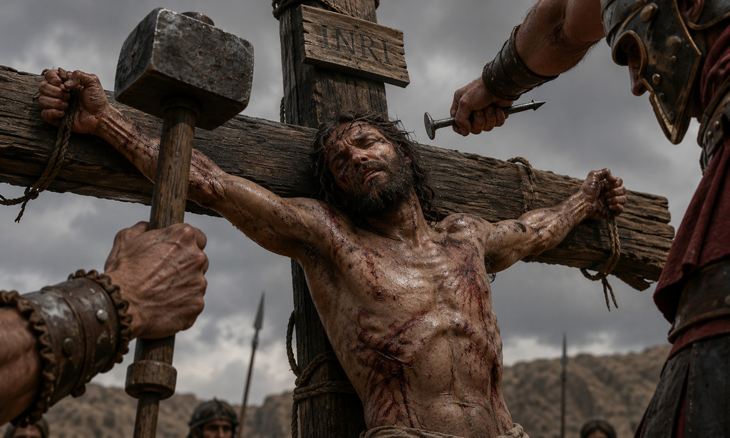 Ilustración estilo cómic de la crucifixión de Jesús mientras soldados romanos clavan los clavos en la cruz, mostrando una escena intensa y dramática de la pasión de Cristo.<br />
