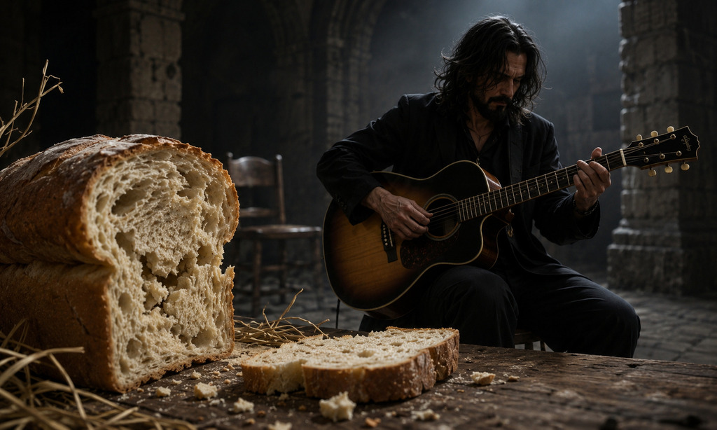 Escena cinematográfica de un músico solitario tocando guitarra acústica en una antigua construcción de piedra, acompañado por un gran pan artesanal sobre una mesa rústica. La atmósfera oscura y espiritual simboliza reflexión, provisión y esperanza en una narrativa visual de Crónicas con Flow.