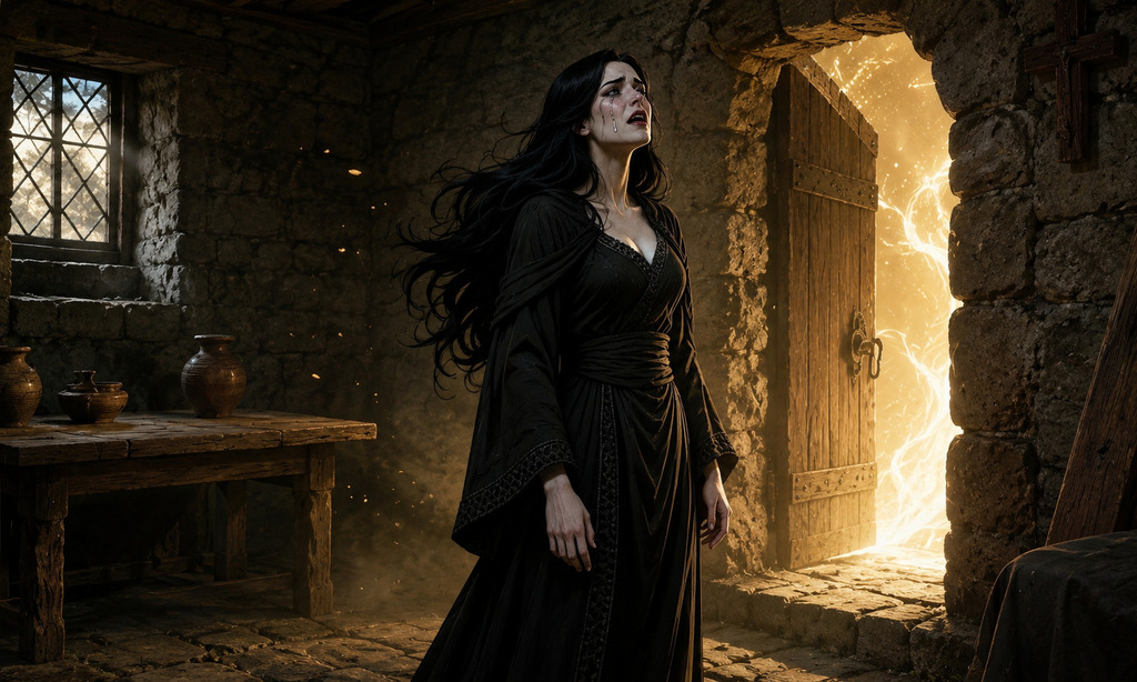 Mujer vestida de negro llorando dentro de una antigua casa de piedra mientras una intensa luz dorada entra por la puerta abierta, en una ilustración cinematográfica estilo cómic con atmósfera espiritual.<br />
