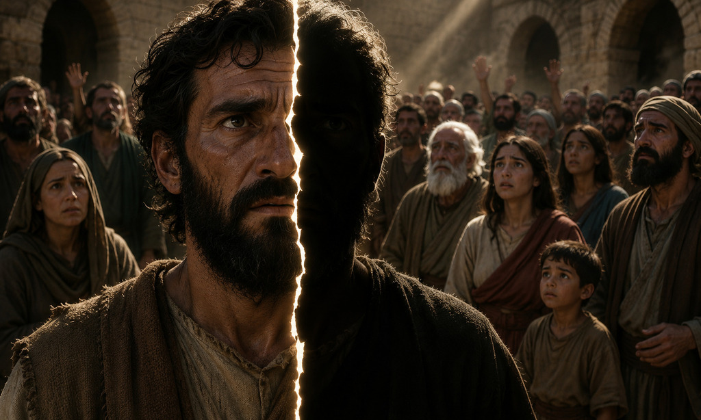 Escena cinematográfica bíblica mostrando a un hombre dividido entre luz y oscuridad, simbolizando lucha interior, fe y transformación espiritual. Al fondo, una multitud observa con temor y esperanza en un ambiente dramático inspirado en tiempos bíblicos. Imagen emocional y narrativa de Crónicas con Flow.