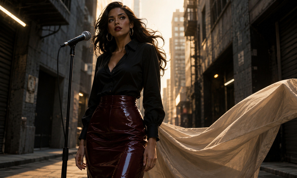 Cantante femenina de estilo elegante y moderno junto a un micrófono en una calle urbana cinematográfica, en una ilustración estilo cómic con ambiente nocturno y artístico.