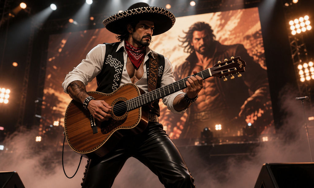 Mariachi rockero tocando guitarra acústica sobre un escenario iluminado con pantallas gigantes y humo, en una escena cinematográfica estilo cómic llena de energía musical.