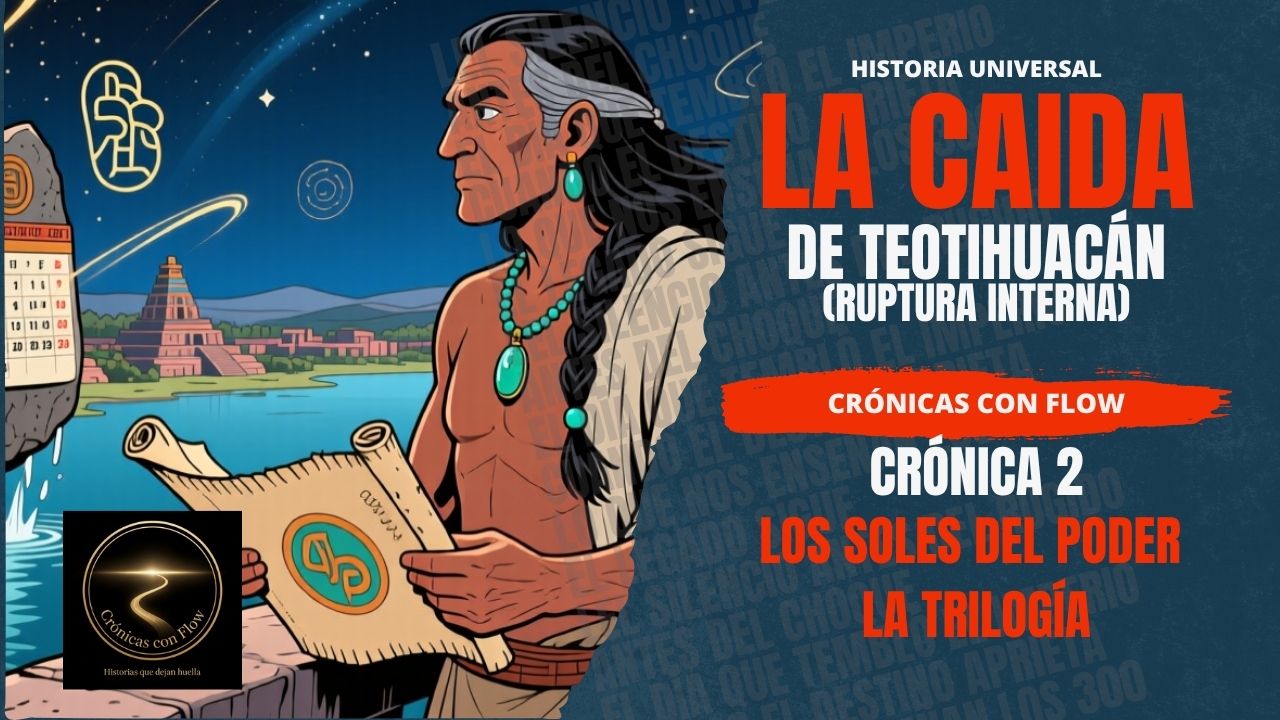 Portada oficial de Crónicas con Flow titulada “La Caída de Teotihuacán – Ruptura Interna”, mostrando a un guerrero prehispánico observando una ciudad ancestral inspirada en Teotihuacán. Diseño cinematográfico con estética histórica, colores intensos y narrativa épica sobre el colapso de una civilización antigua.