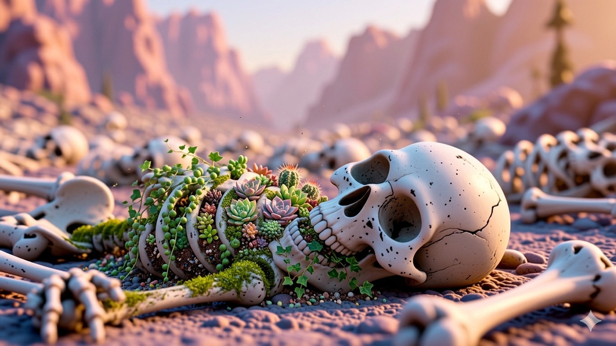 Donde El Polvo Aprendió A Vivir | La Voz Que Abrió La Tumba | Crónicas con Flow Calavera cubierta de flores y vegetación sobre tierra árida, simbolizando la muerte, la resurrección y la vida que vuelve a surgir del polvo en “La Voz Que Abrió La Tumba”.