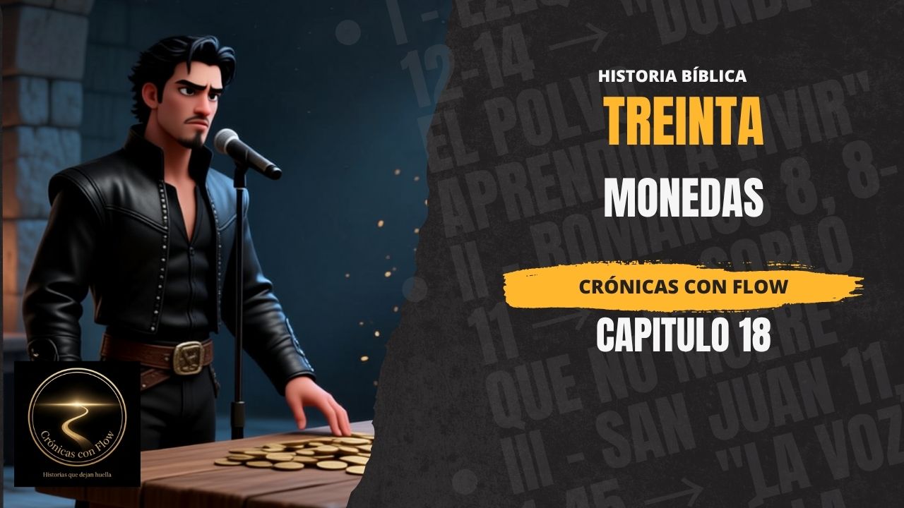 Hombre vestido de negro observando monedas sobre una mesa en una ciudad antigua, portada promocional del capítulo “Treinta Monedas” de Crónicas con Flow con estética cinematográfica y dramática.