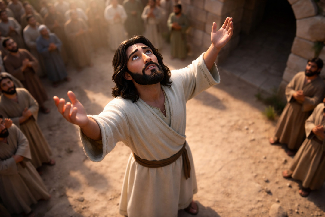 Jesús Clama Al Cielo | Luz y Esperanza | Crónicas con Flow Jesús levantando las manos hacia el cielo en medio de una multitud, en una escena bíblica cinematográfica inspirada en Crónicas con Flow.