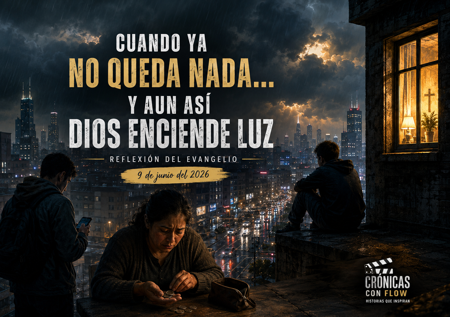 Ciudad moderna bajo lluvia nocturna con personas enfrentando ansiedad, soledad y crisis económica mientras una luz encendida simboliza esperanza y fe inspirada en el Evangelio del 9 de junio de 2026 de Crónicas con Flow.