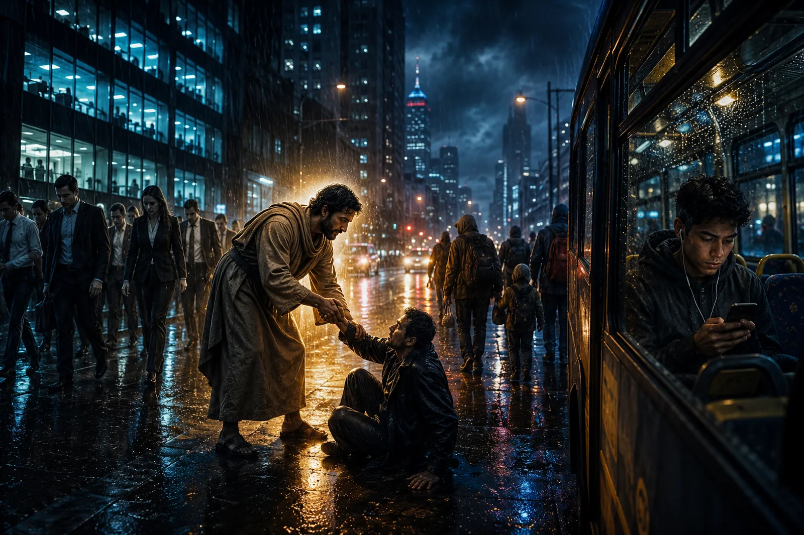 Profeta contemporáneo bajo lluvia sobre una ciudad moderna dividida entre ansiedad digital y esperanza espiritual, mientras fuego celestial desciende desde el cielo en una escena cinematográfica estilo Netflix inspirada en el monte Carmelo.