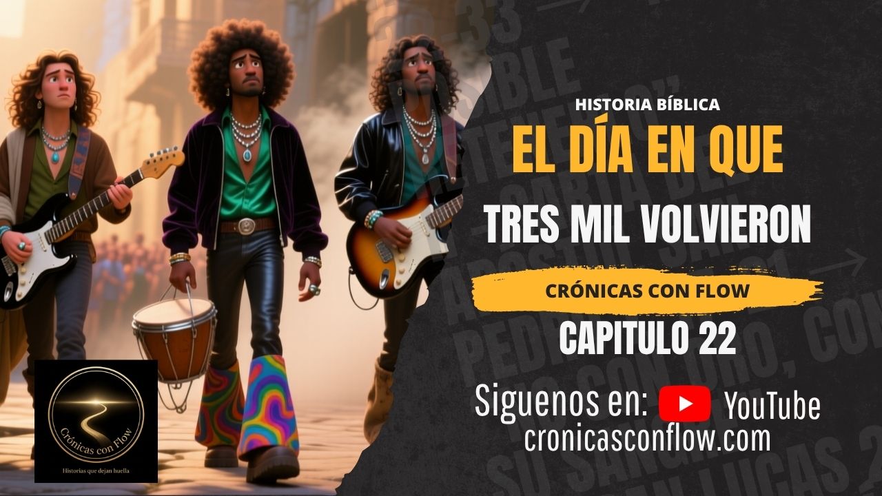 Portada de Crónicas con Flow, capítulo 22, “El Día En Que Tres Mil Volvieron A Nacer”, con tres músicos caminando entre arquitectura antigua y el título de la historia bíblica.