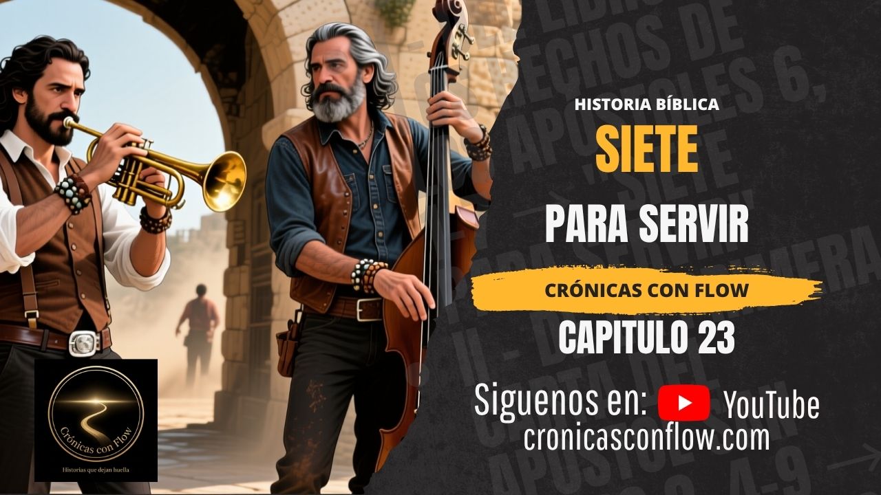 Portada de Crónicas con Flow, capítulo 23, “Siete Para Servir”, con dos músicos tocando trompeta y contrabajo frente a una construcción de piedra de aspecto antiguo.