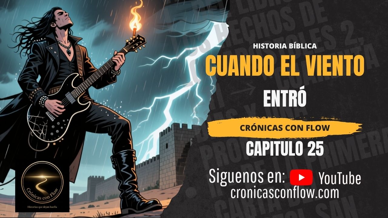 Portada de Crónicas con Flow, capítulo 25, “Cuando El Viento Entró”, con un guitarrista de estética rock tocando bajo una tormenta, entre relámpagos y frente a una antigua ciudad amurallada.