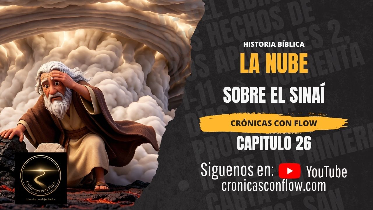Portada de Crónicas con Flow, capítulo 26, “La Nube Sobre El Sinaí”, con un anciano de barba blanca avanzando entre rocas mientras una enorme nube cubre el monte.
