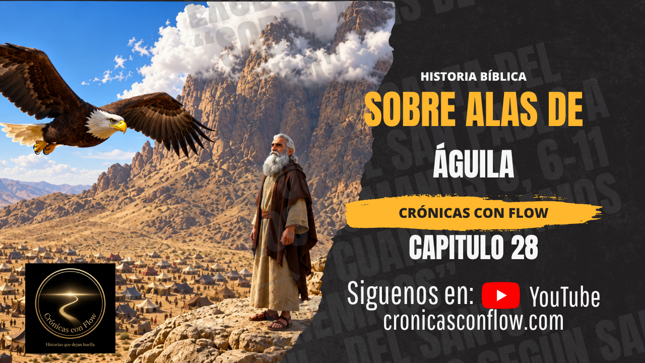 Portada de Crónicas con Flow titulada “Sobre Alas de Águila”, con Moisés frente a una montaña y un gran campamento mientras un águila vuela sobre el paisaje; incluye la identificación del capítulo 28 y el canal de YouTube.