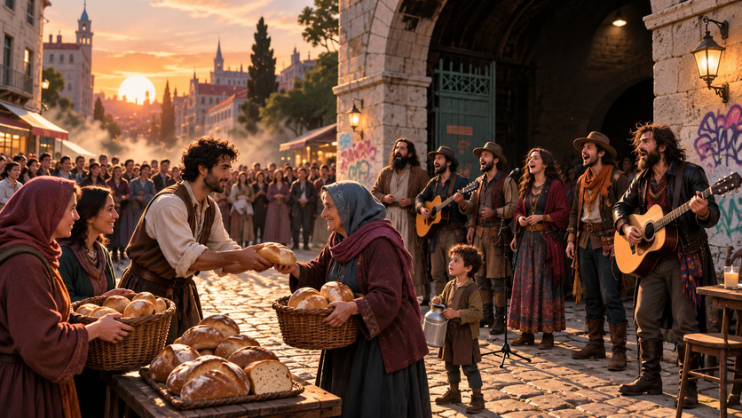Personas reparten panes en una concurrida calle antigua mientras un grupo de músicos toca guitarras y canta entre la multitud al atardecer.