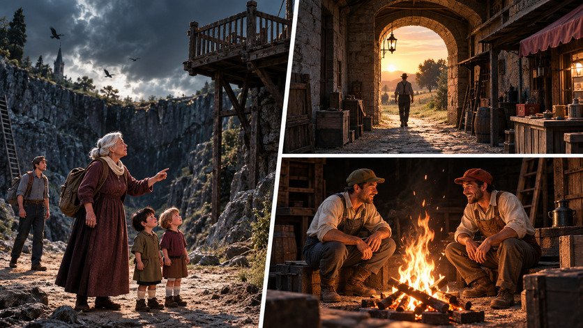 Composición de tres escenas con una mujer mayor y dos niños junto a un joven, un hombre alejándose por un camino al atardecer y dos hombres conversando frente a una fogata.