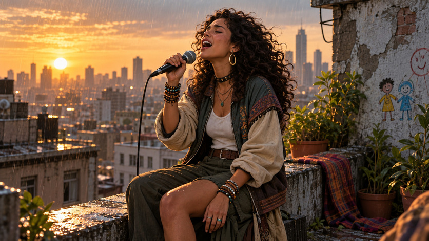 Cantante de cabello rizado interpreta con un micrófono desde una azotea bajo la lluvia, con una gran ciudad iluminada por el atardecer al fondo.