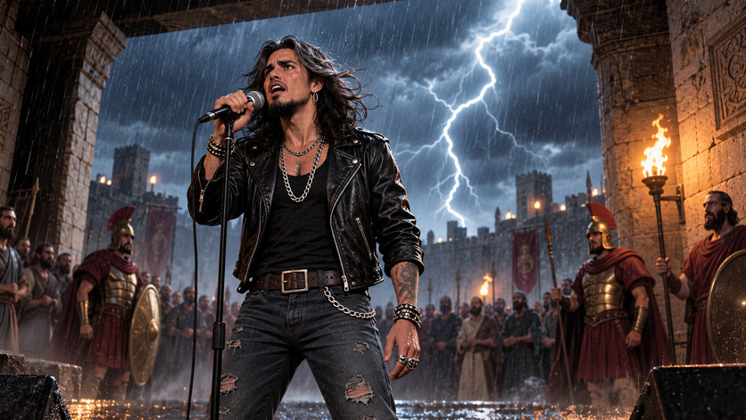 Cantante de rock interpreta bajo una intensa lluvia frente a soldados y una multitud en una antigua ciudad, mientras un relámpago ilumina el cielo.