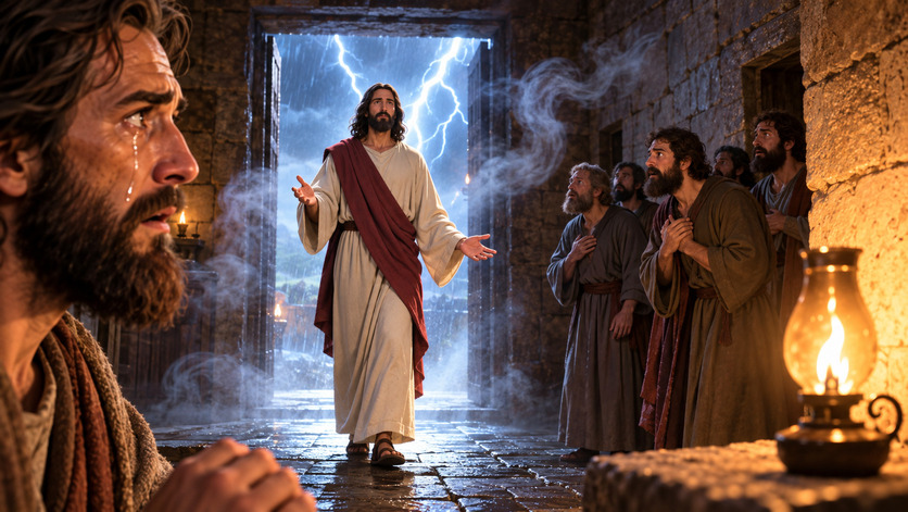 Jesús entra en una habitación donde varios discípulos lo observan con asombro, mientras afuera cae una fuerte lluvia iluminada por relámpagos.