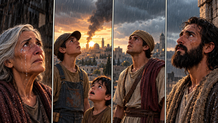 Cuatro escenas muestran a una mujer mayor, dos jóvenes, un niño y un hombre mirando al cielo bajo una intensa lluvia, con una ciudad al fondo.