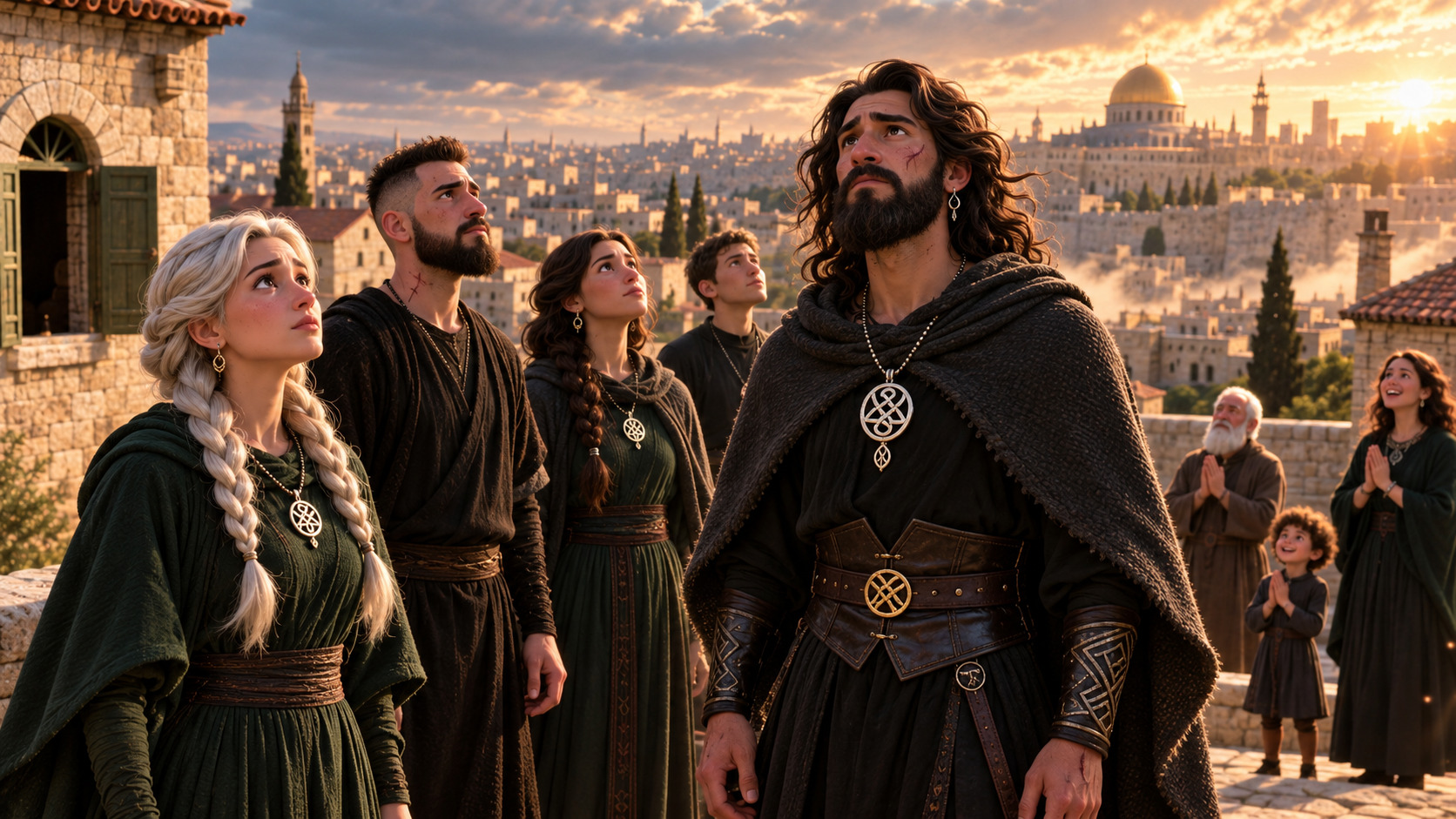 Grupo de hombres, mujeres y niños con vestimenta de época contempla el cielo desde una terraza de piedra, con una antigua ciudad amurallada iluminada por el atardecer al fondo.
