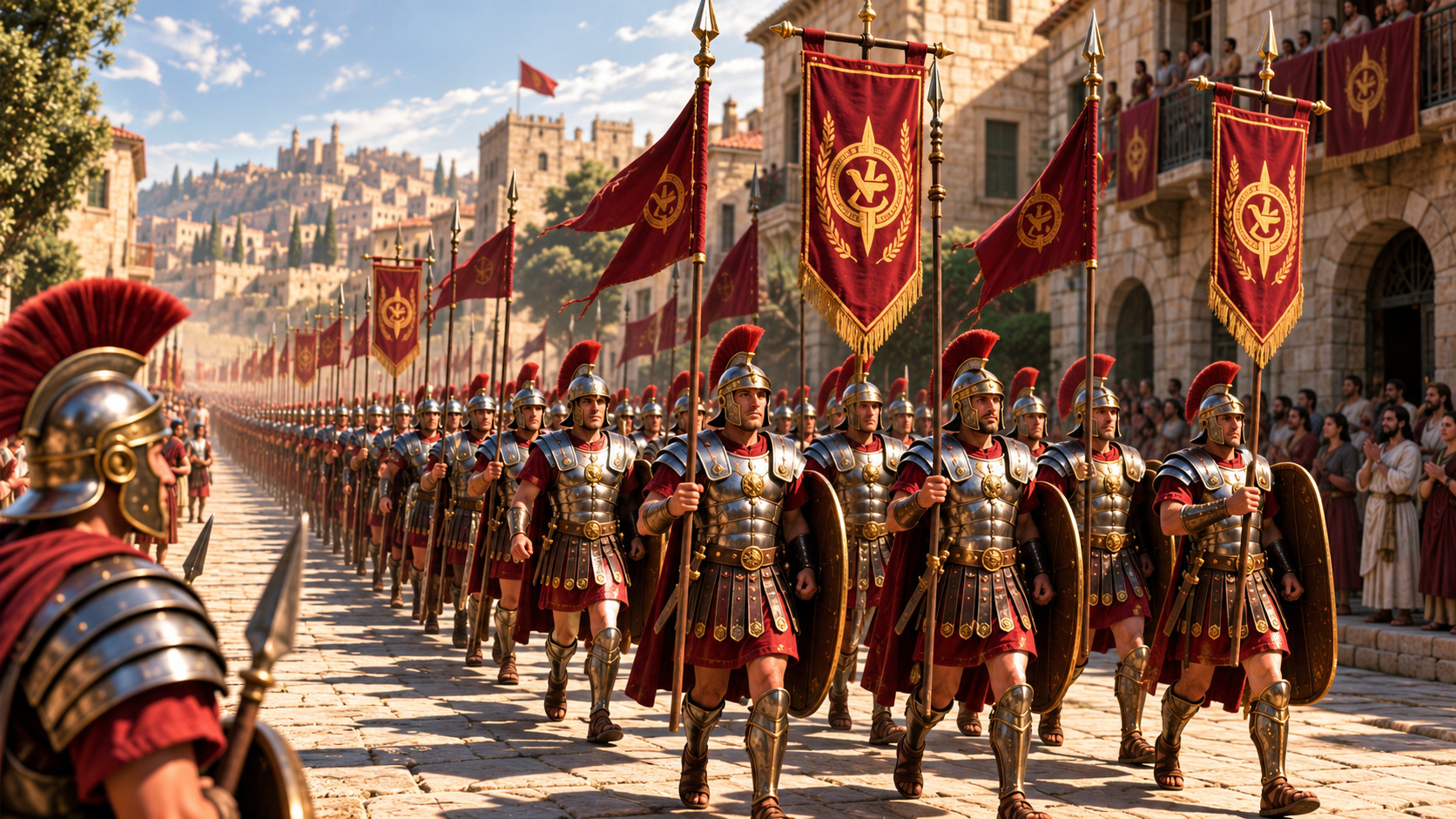 Formación de soldados romanos con armaduras, escudos, lanzas y estandartes rojos marchando por una amplia calle de piedra ante una multitud.