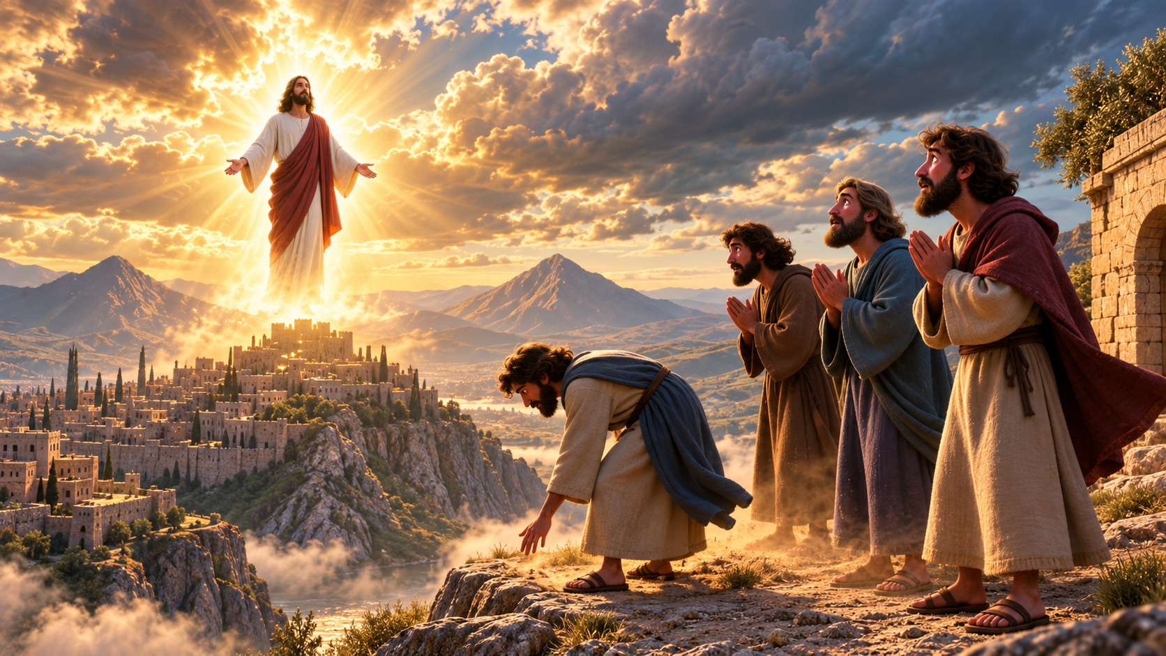 Jesús asciende entre una intensa luz celestial sobre una ciudad antigua mientras cuatro discípulos lo contemplan con asombro y reverencia desde una montaña.