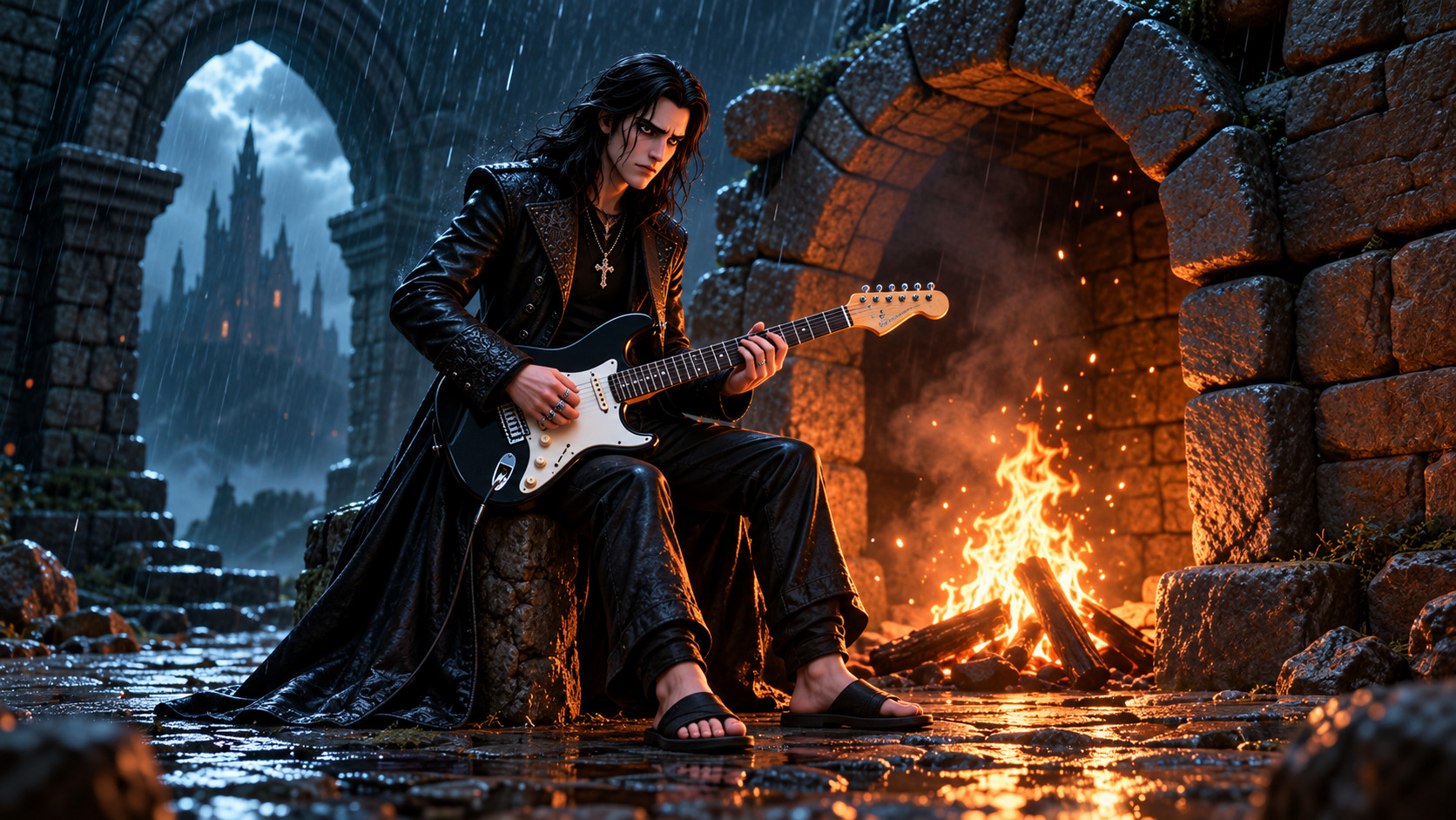Joven guitarrista vestido de negro toca una guitarra eléctrica junto a una fogata entre ruinas de piedra, bajo la lluvia y con un castillo oscuro al fondo.