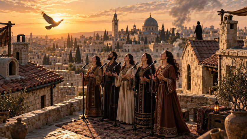 Cinco cantantes interpretan música desde una terraza de piedra al atardecer, con una antigua ciudad al fondo y una paloma volando sobre ellos.