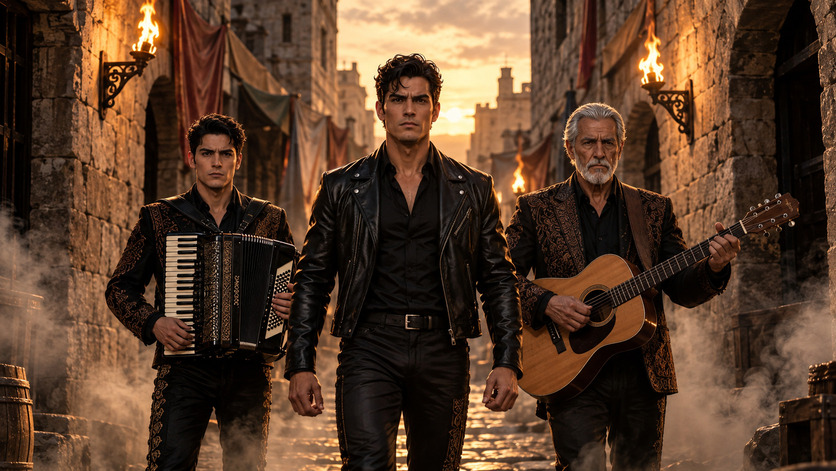 Tres músicos vestidos de negro avanzan por una calle de piedra de una antigua ciudad; uno lleva acordeón, otro camina al centro y el tercero toca una guitarra acústica.