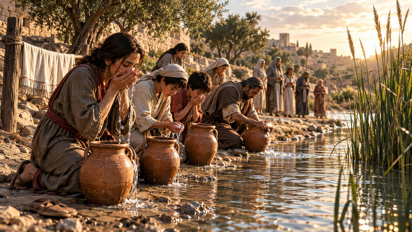 Hombres, mujeres y niños se lavan el rostro y las manos con agua junto a un río, utilizando vasijas de barro en un entorno de aspecto antiguo.