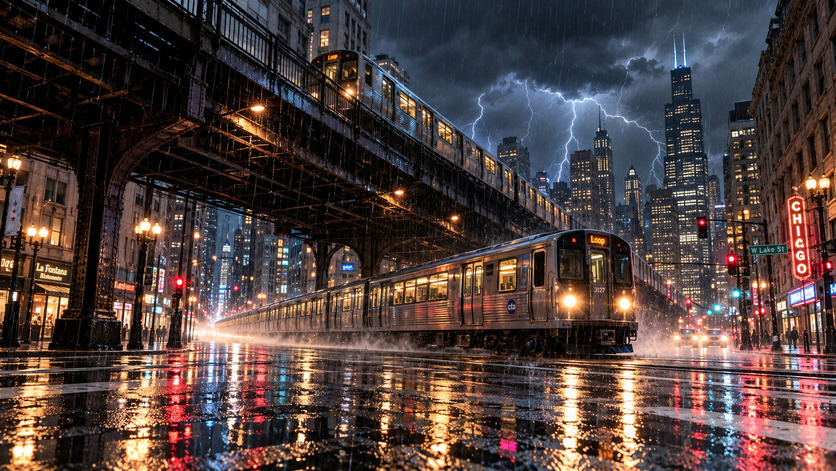Tren urbano circula por una calle mojada de Chicago durante una intensa tormenta nocturna, con relámpagos sobre los rascacielos y las luces de la ciudad reflejadas en el pavimento.