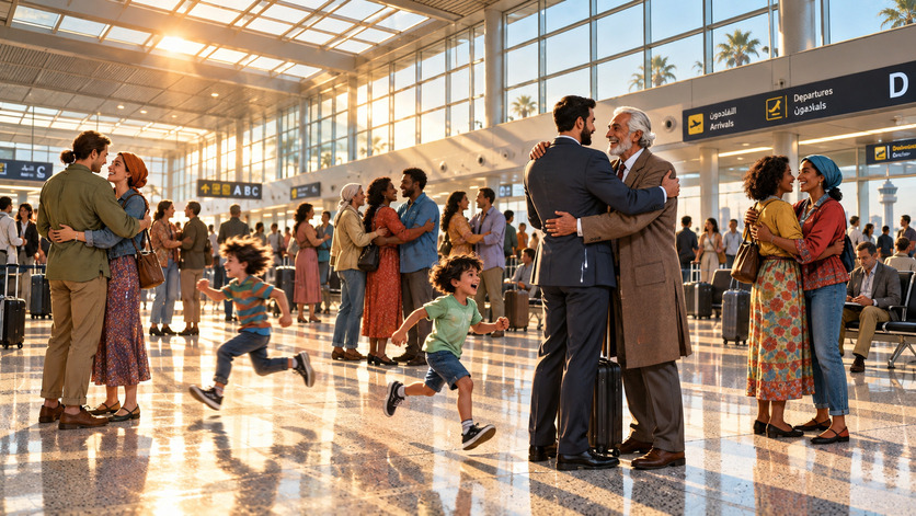 Familias y amigos se abrazan en la terminal de llegadas de un aeropuerto mientras dos niños corren entre los viajeros y sus maletas.