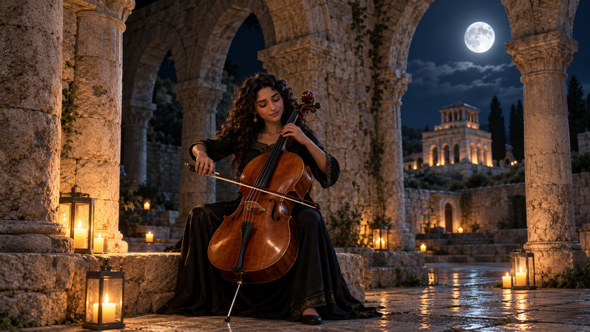Mujer toca el violonchelo bajo arcos de piedra iluminados por velas, mientras la luna llena aparece sobre una antigua construcción al fondo.