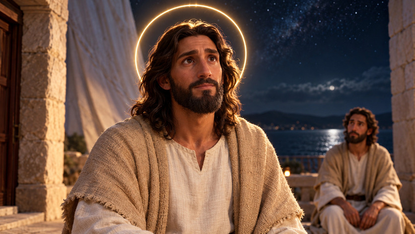 Representación de Jesús sentado en oración durante la noche, con un halo luminoso alrededor de la cabeza y otro hombre sentado al fondo junto al mar.
