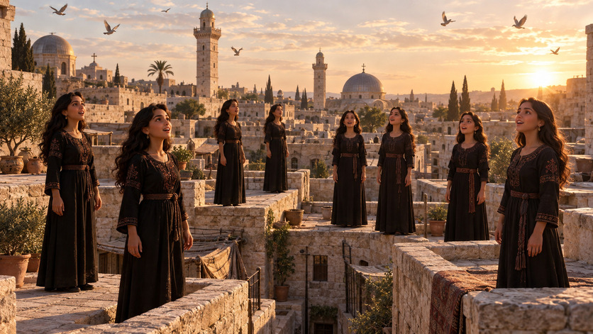 Grupo de mujeres vestidas con túnicas oscuras canta desde distintas terrazas de piedra al atardecer, con una antigua ciudad y aves volando al fondo.