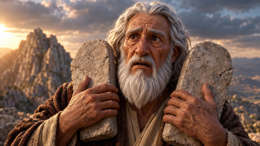 Representación de Moisés como un anciano de cabello y barba blancos sosteniendo dos tablas de piedra, con montañas y un cielo iluminado por el atardecer al fondo.