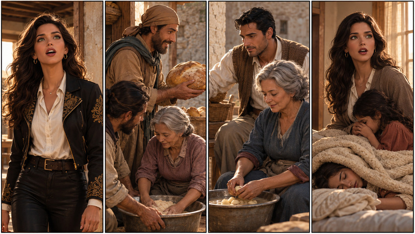 Composición en cuatro escenas que muestra a una mujer junto a personas que comparten pan, preparan alimentos y cuidan a niños en un entorno de inspiración histórica.