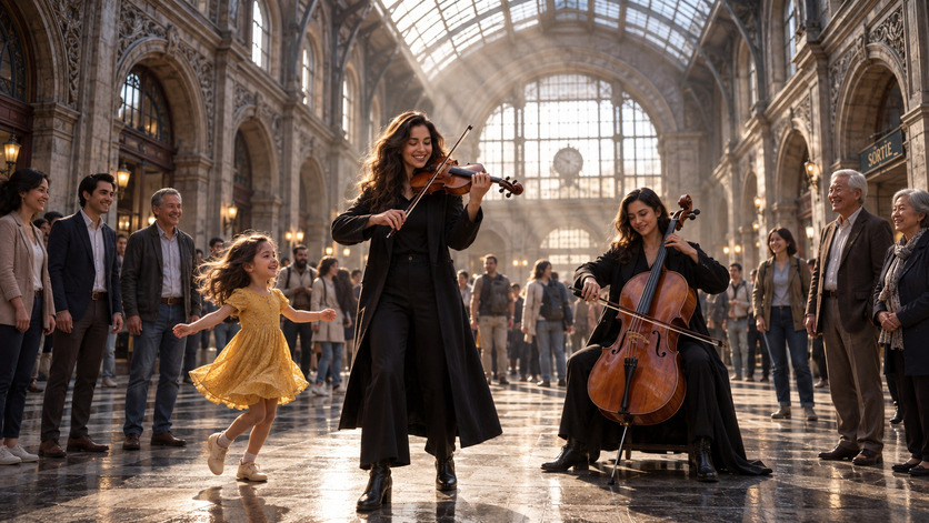 Dos mujeres interpretan violín y violonchelo en una gran estación mientras una niña baila y personas de distintas edades observan la presentación.
